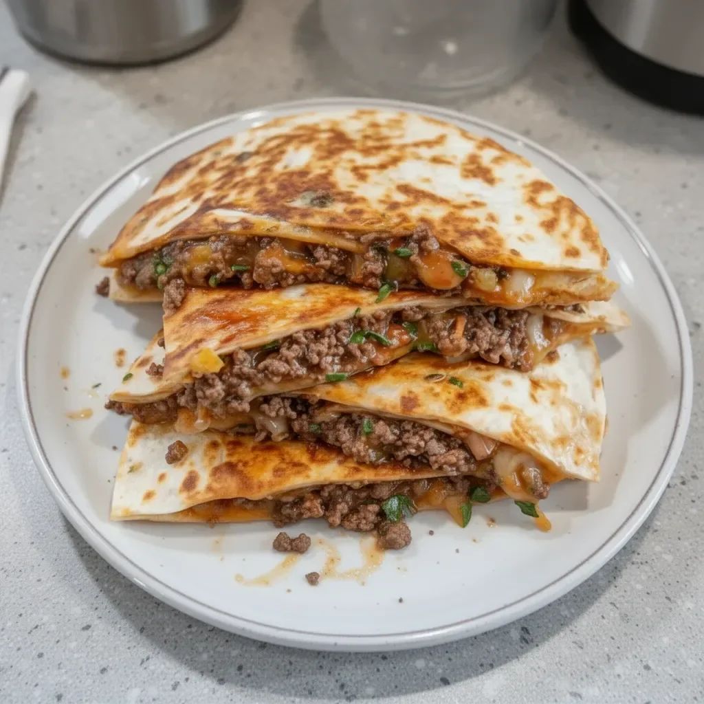 Delicious venison quesadilla served with toppings and salsa