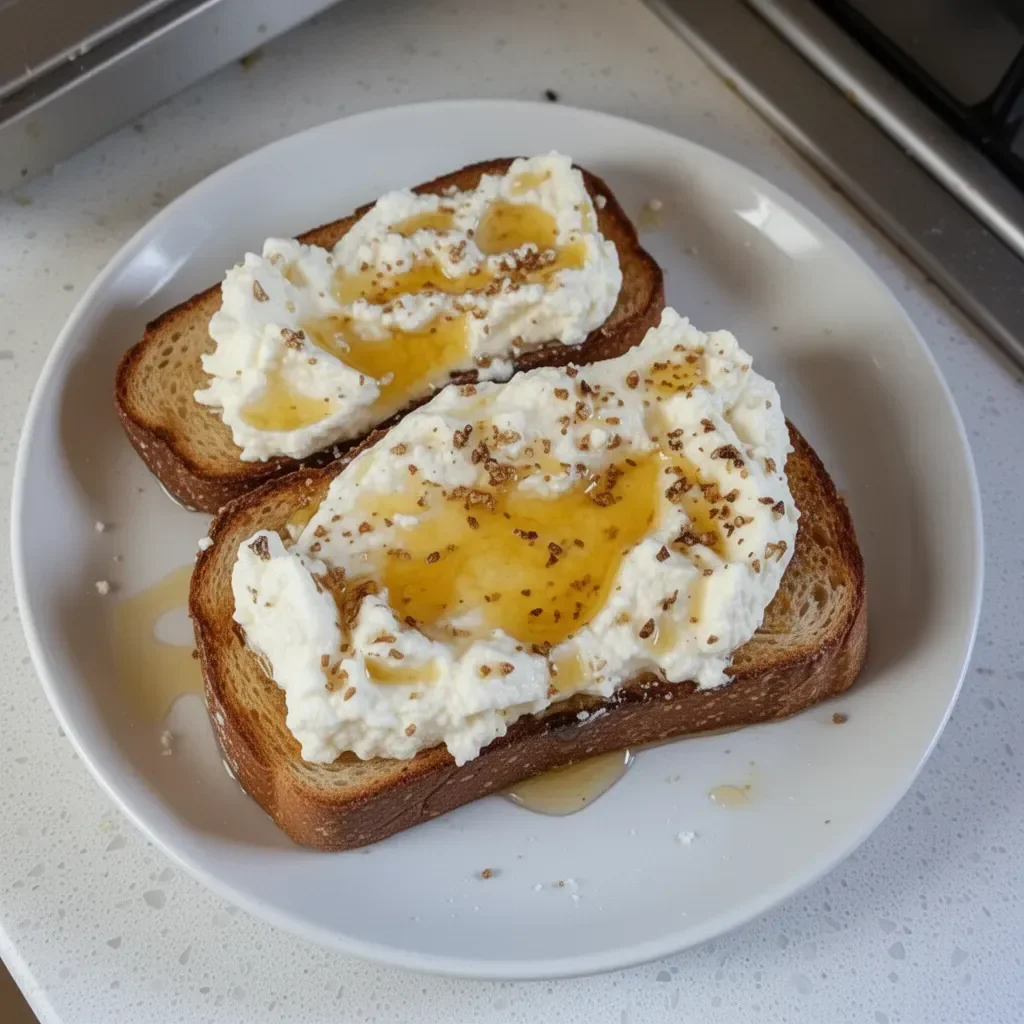Whipped ricotta honey toast garnished with honey and fresh fruit