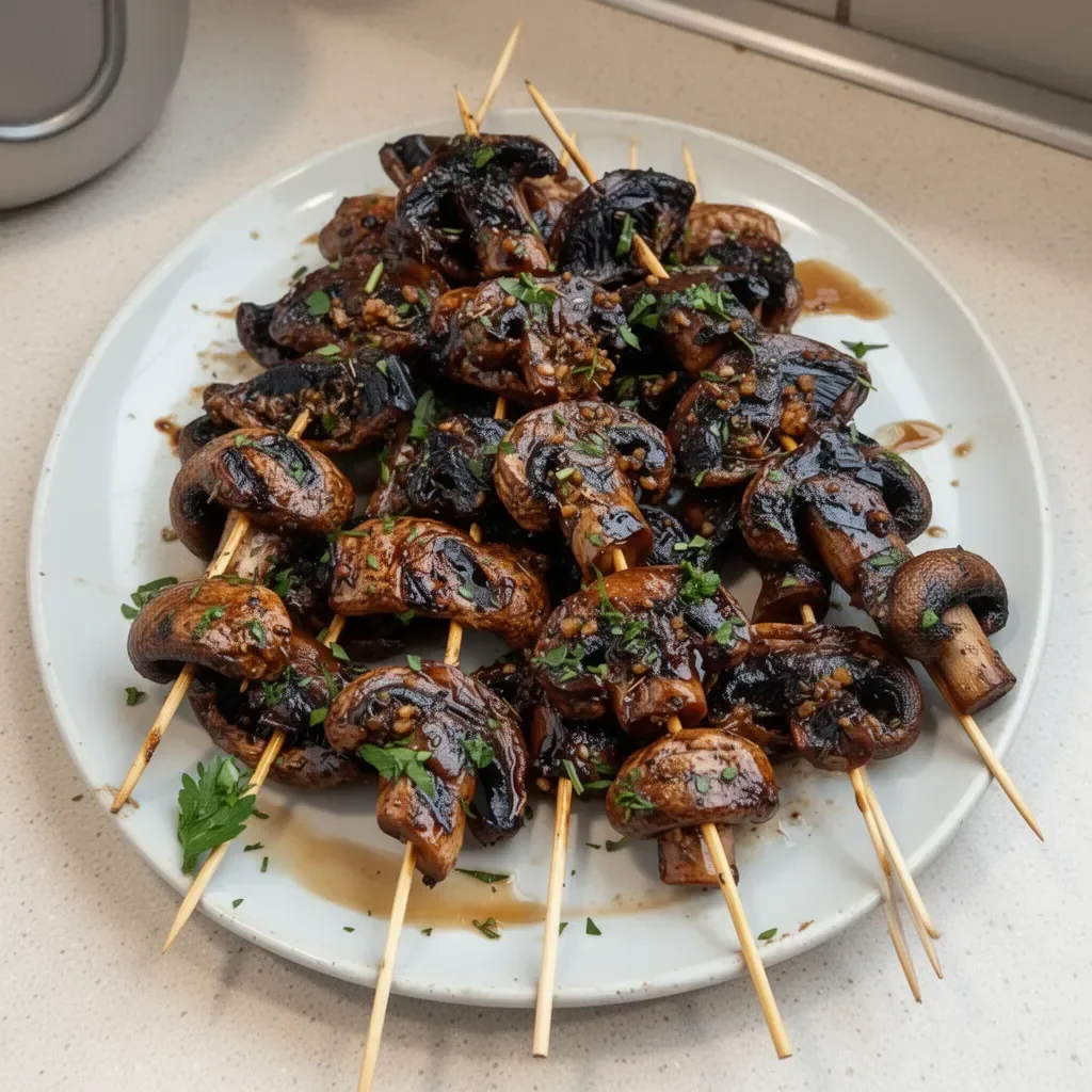 Balsamic garlic grilled mushroom skewers ready for grilling