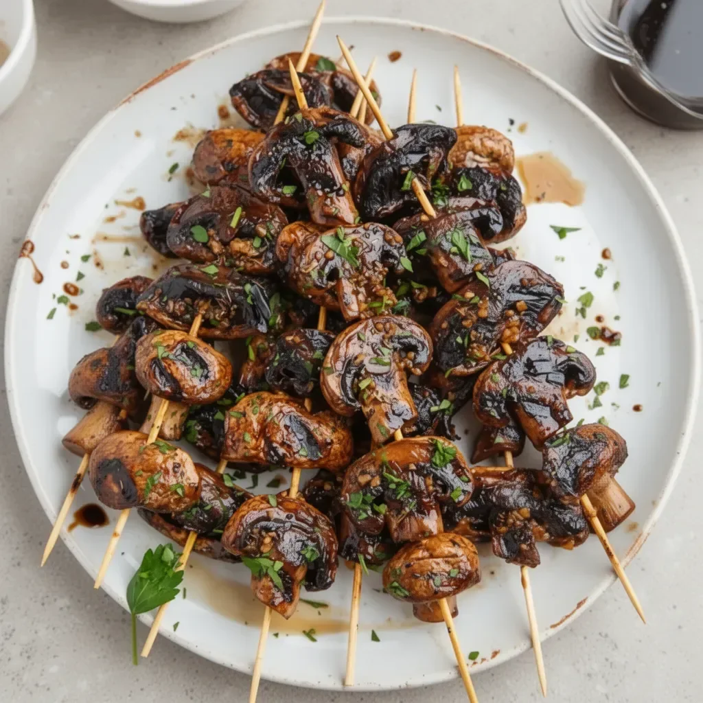 Balsamic garlic grilled mushroom skewers on a barbecue grill