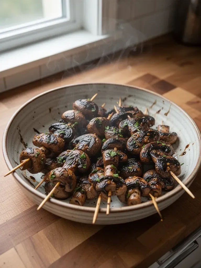 Balsamic Garlic Grilled Mushroom Skewers | Vegetarian Dinner Recipes | Grilled Garlic Mushroom Skewers, Grilled Mushrooms with Balsamic Vinegar, Balsamic Skewers