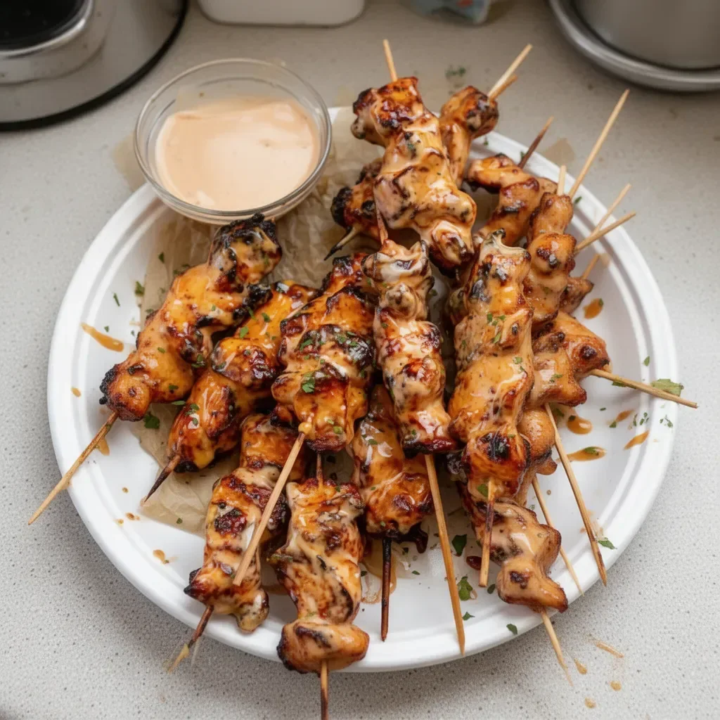 Delicious Bang Bang Chicken Skewers on a plate ready to serve