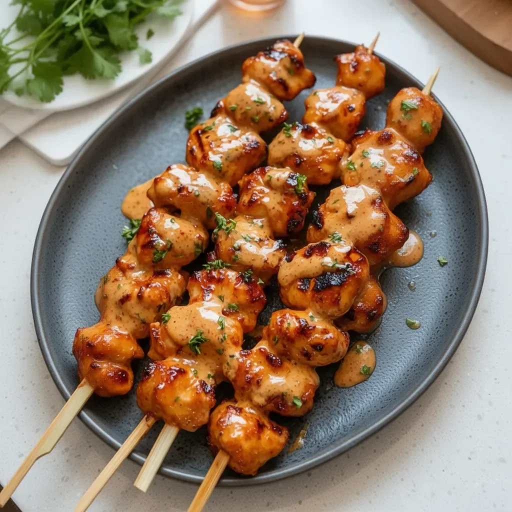 Delicious Bang Bang Chicken Skewers served on a platter