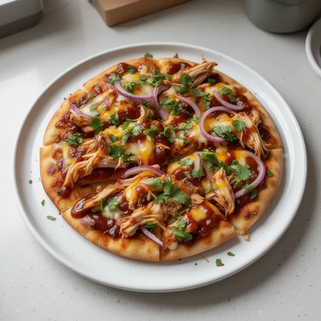 Delicious BBQ chicken flatbread topped with fresh ingredients
