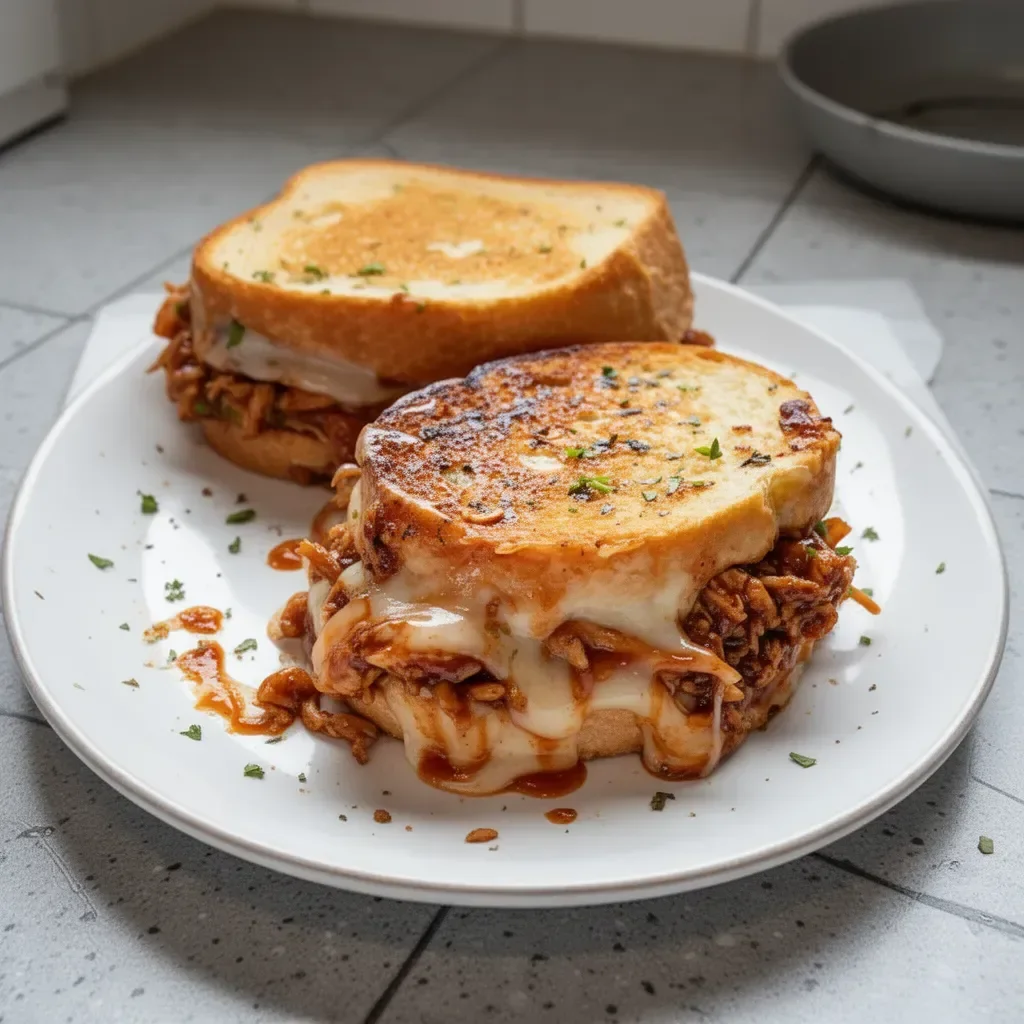BBQ Chicken Grilled Cheese sandwich with melted cheese and grilled chicken