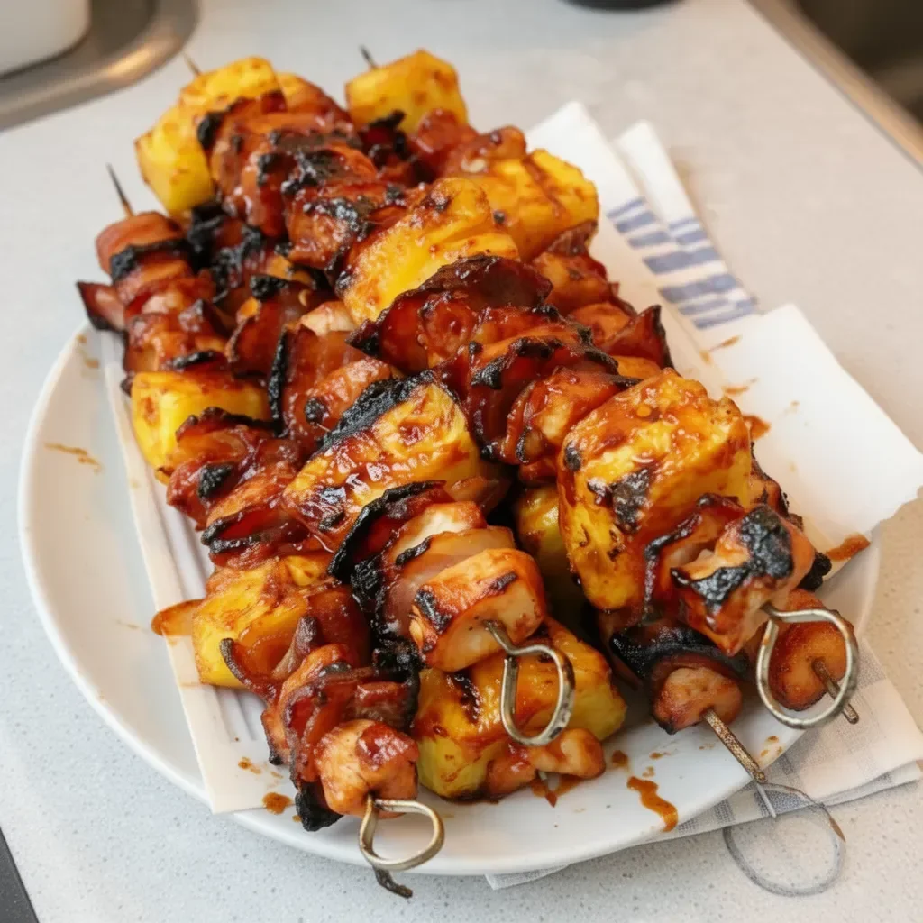 BBQ Chicken Kabobs with Bacon and Pineapple on a grilled skewer