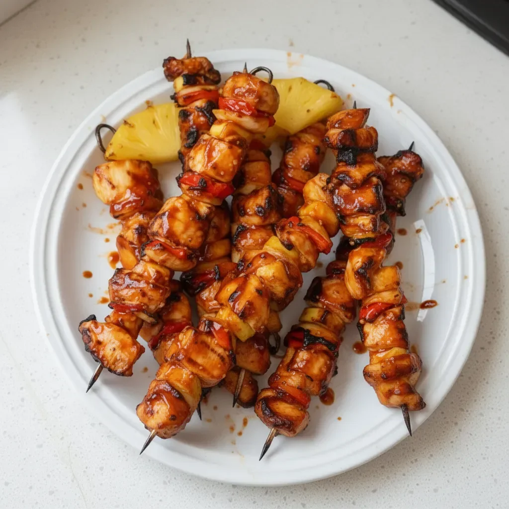 Delicious BBQ Pineapple Chicken Kabobs on a grill, ready to serve.