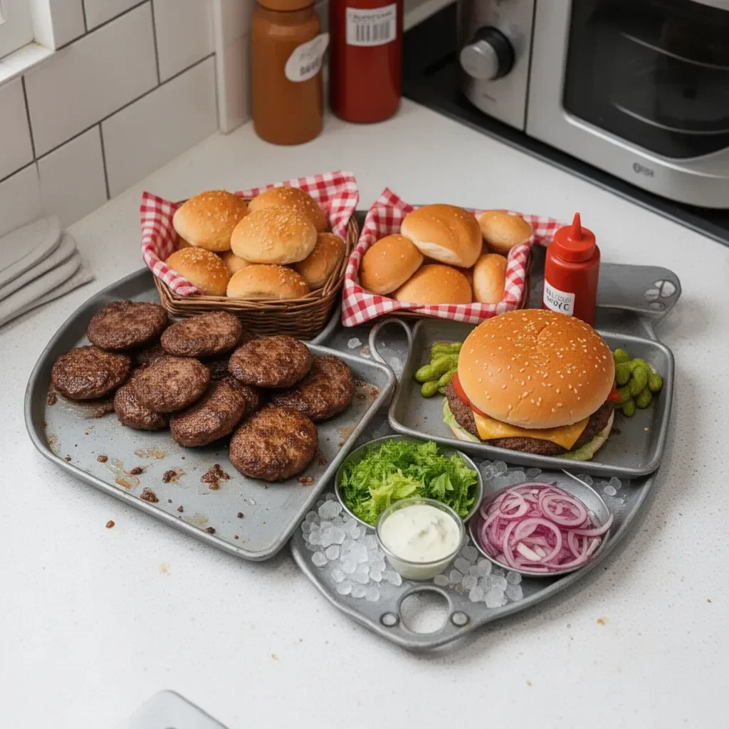 Delicious burger bar setup with gourmet toppings and creative themes