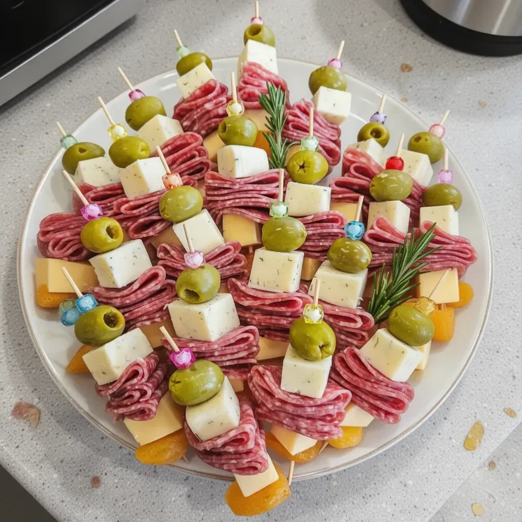 Colorful charcuterie skewers with meats, cheeses, and fresh vegetables