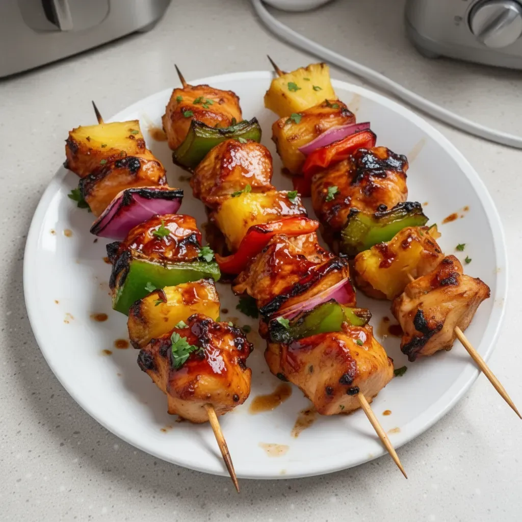 Grilled Chicken Pineapple Kabobs on skewers served with vegetables.