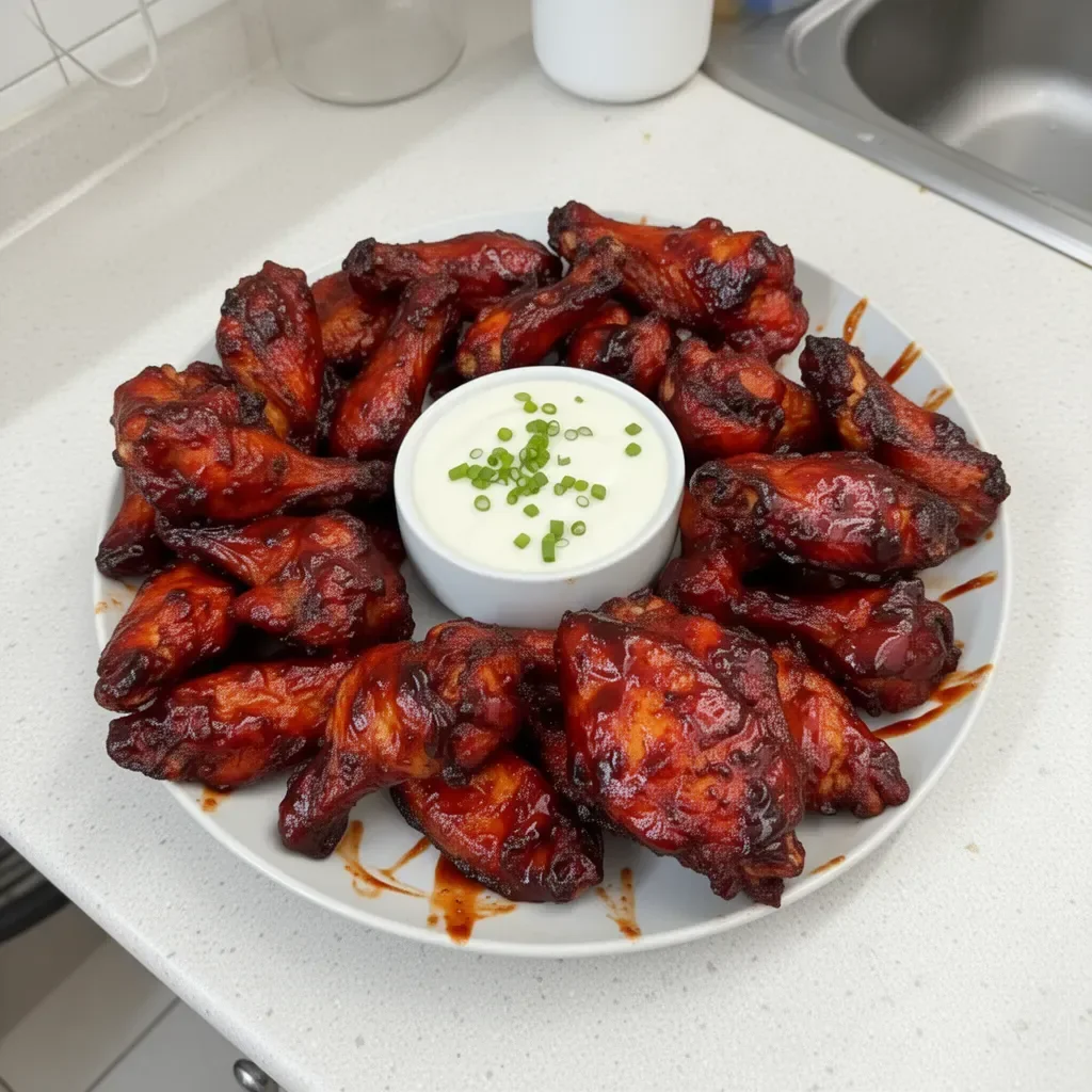 Delicious chicken wings glazed in BBQ sauce served hot