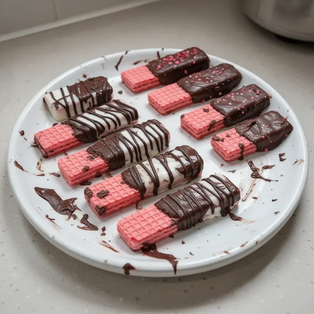 A plate of chocolate-dipped wafer cookies, crispy and sweet, ready to enjoy.