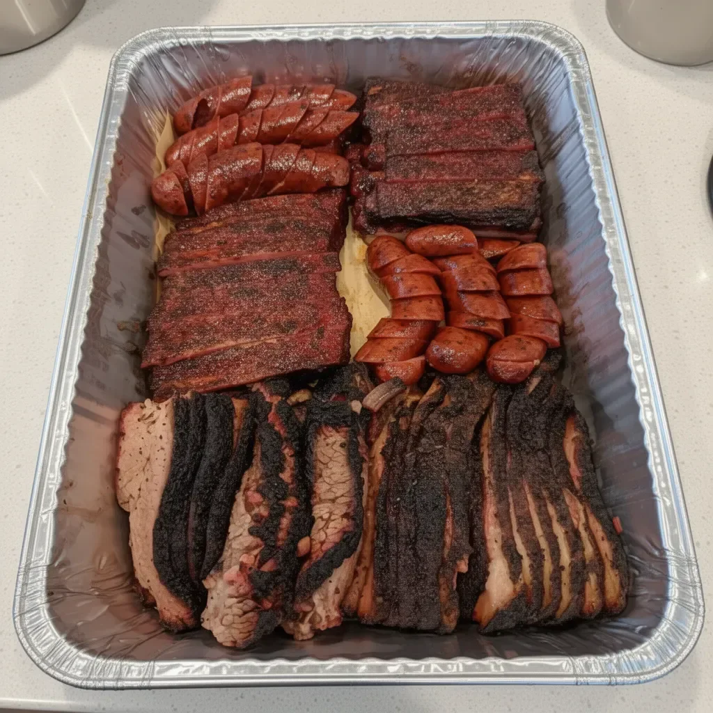 Delicious meat tray with hot dogs and ribs from the best Texas BBQ.