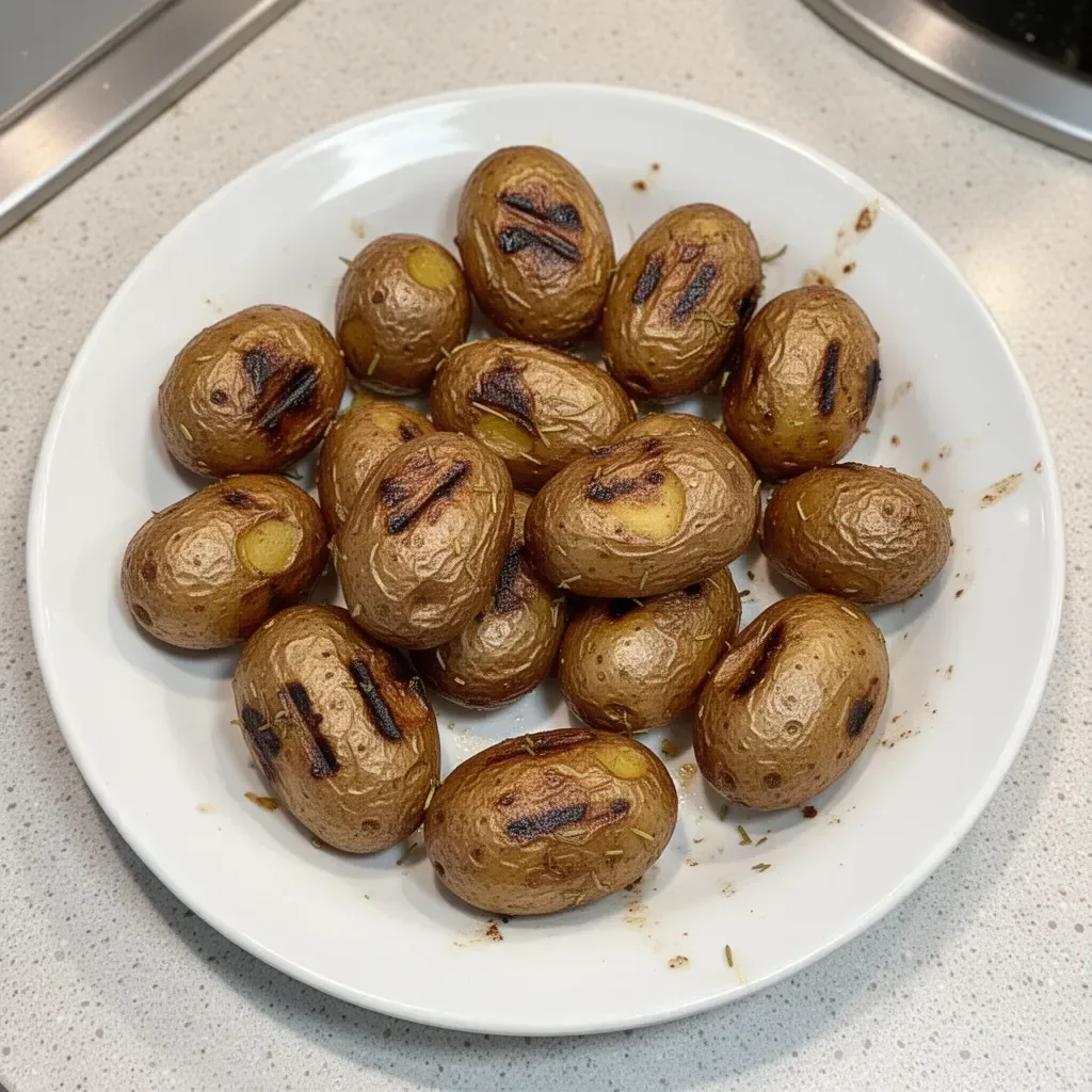 Plate of grilled baby new potatoes garnished with herbs and spices.