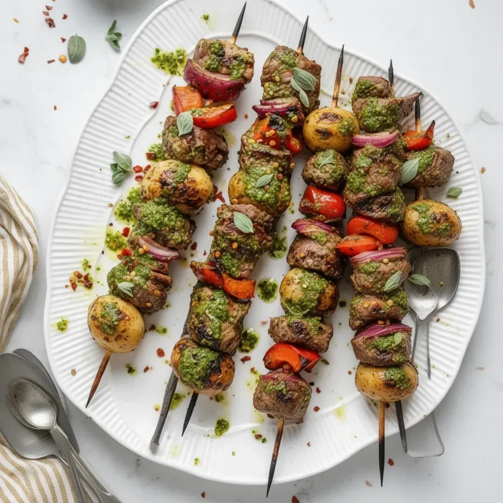 Delicious grilled chimichurri steak kabobs on a barbecue skewer