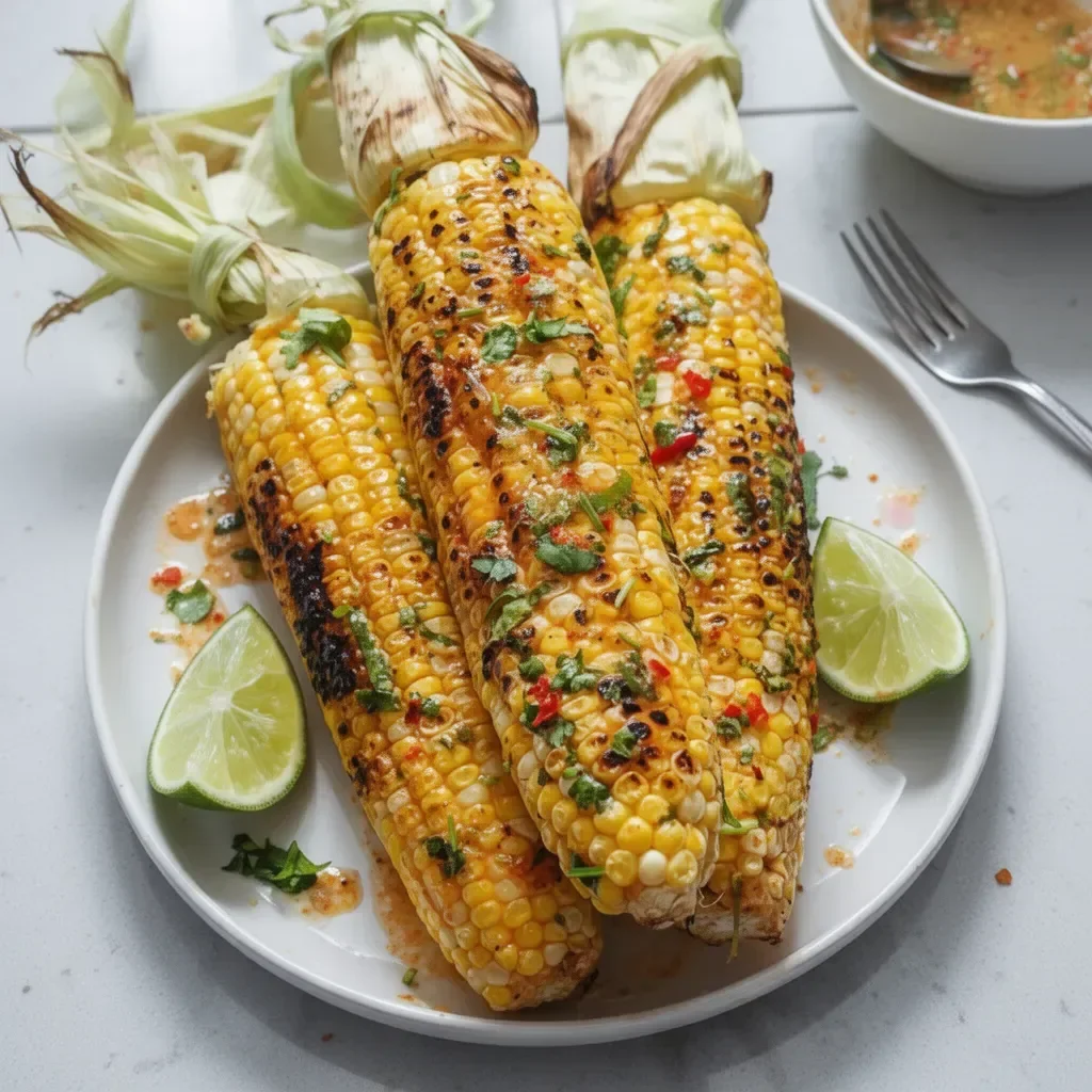 Delicious grilled corn on the cob topped with chili lime butter