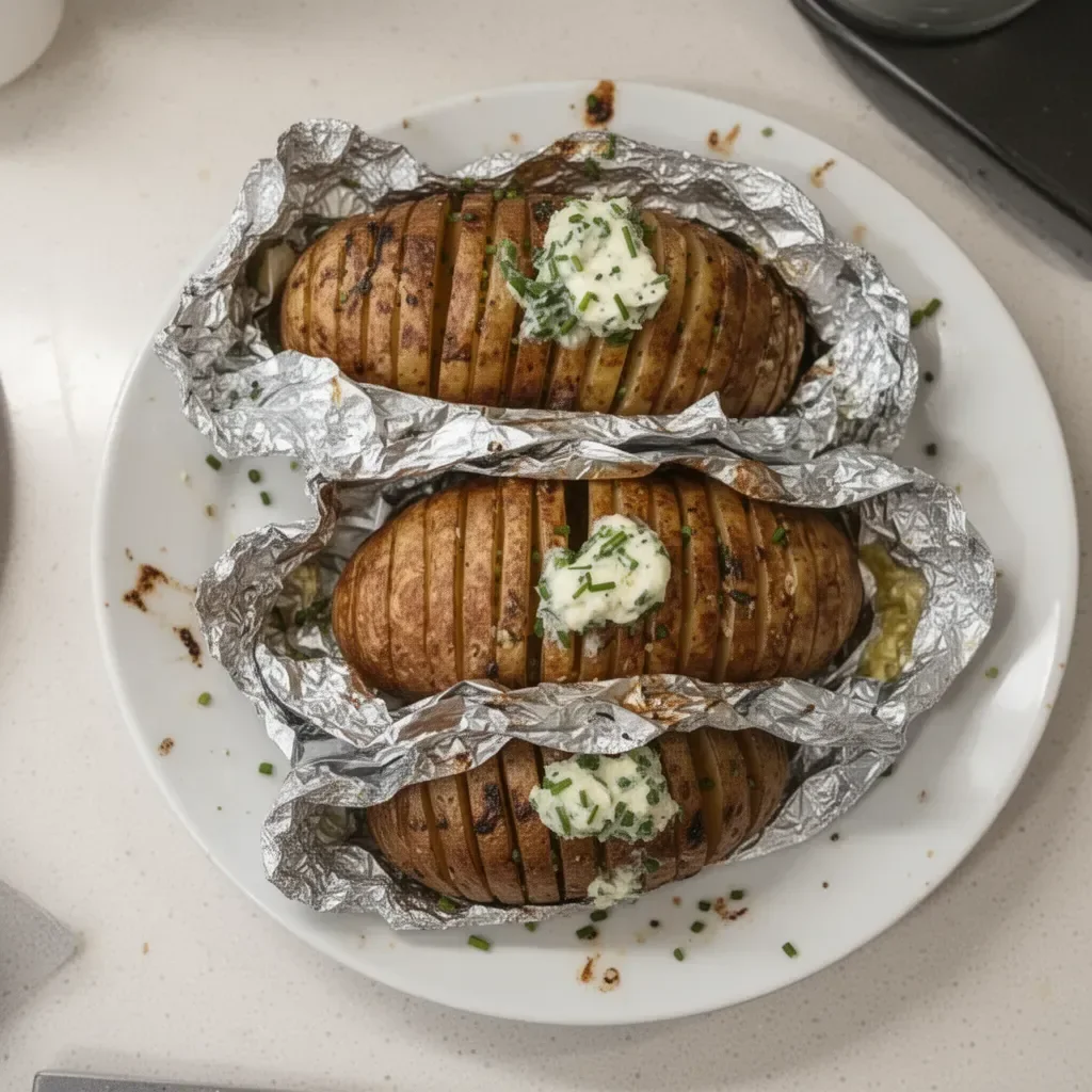 Grilled hasselback potatoes drizzled with chive butter on a serving plate