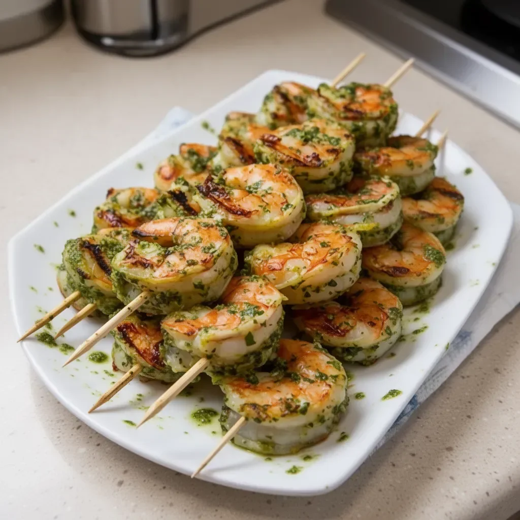 Grilled pesto shrimp skewers on a plate, garnished with fresh herbs