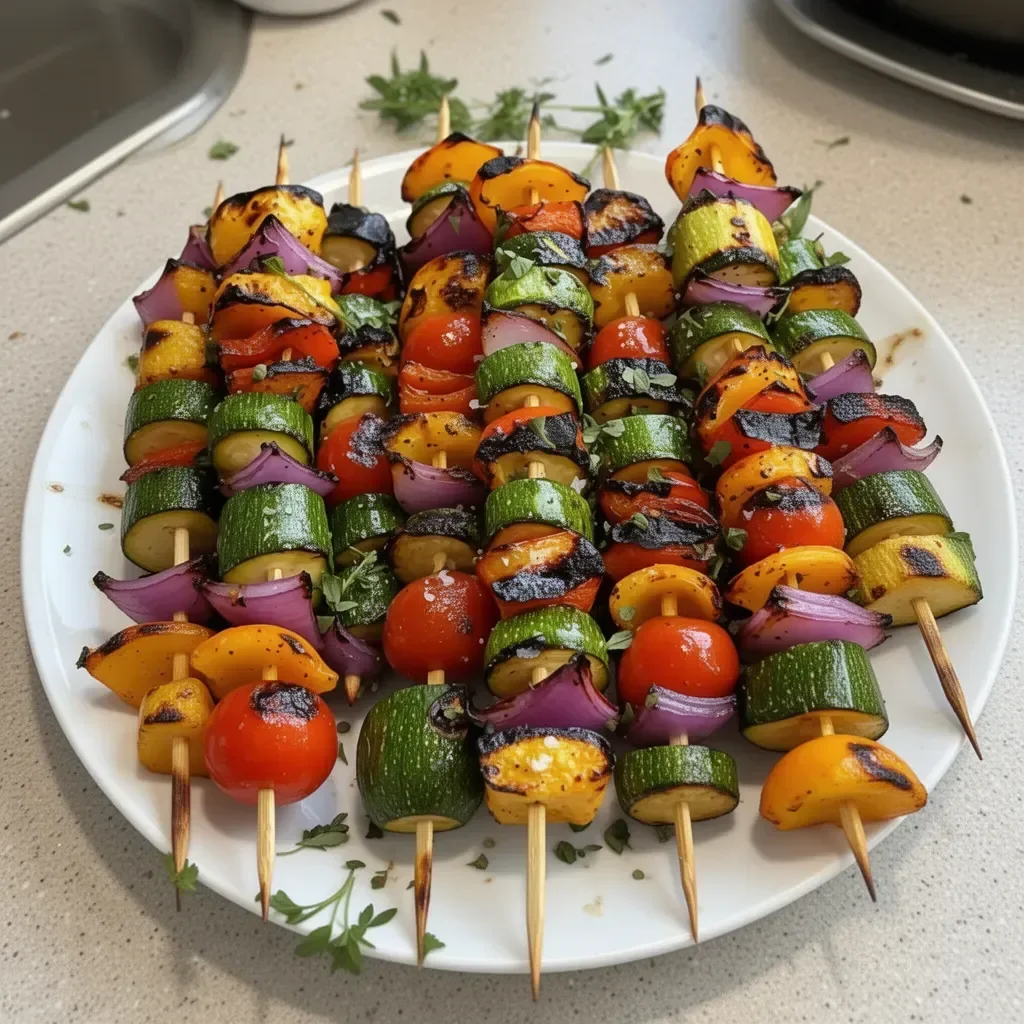 Colorful grilled vegetable skewers on the grill