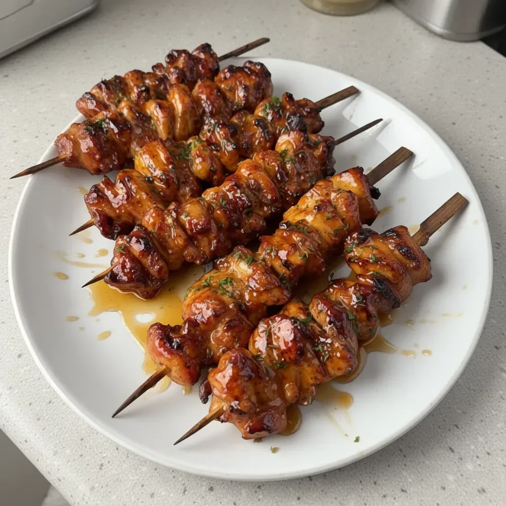 Hot Honey Grilled Chicken Skewers topped with spicy honey glaze on a grill.