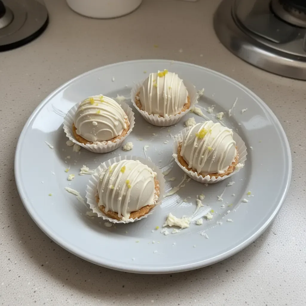 Delicious lemon meringue tart truffles arranged on a decorative plate.