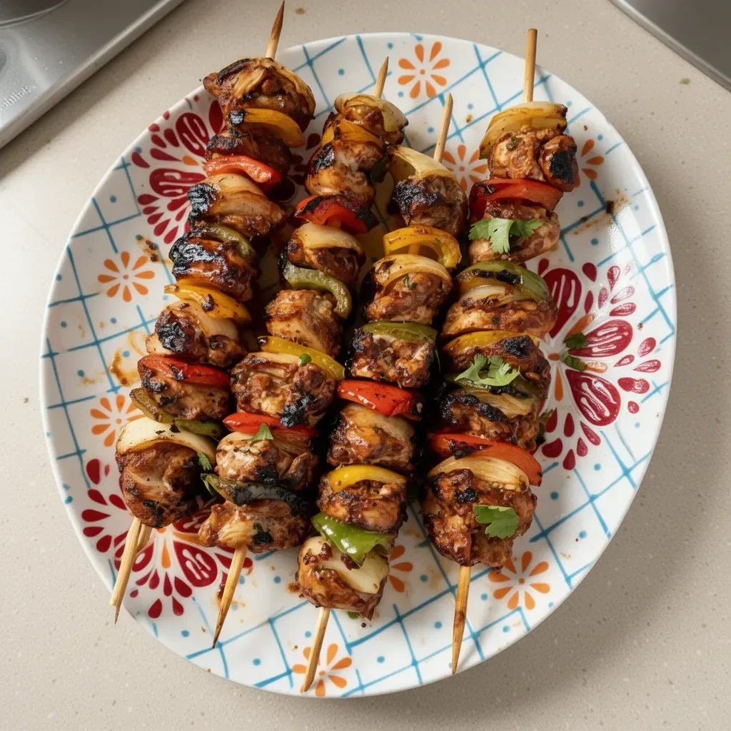 Mexican Barbecue Chicken Skewers on a grill, showcasing vibrant spices.