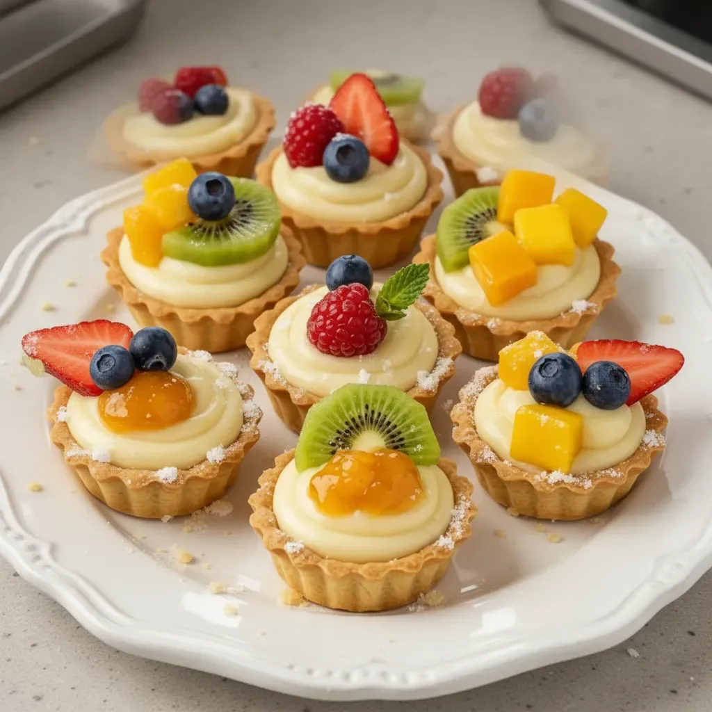 Mini fruit tarts topped with fresh fruits and vanilla custard