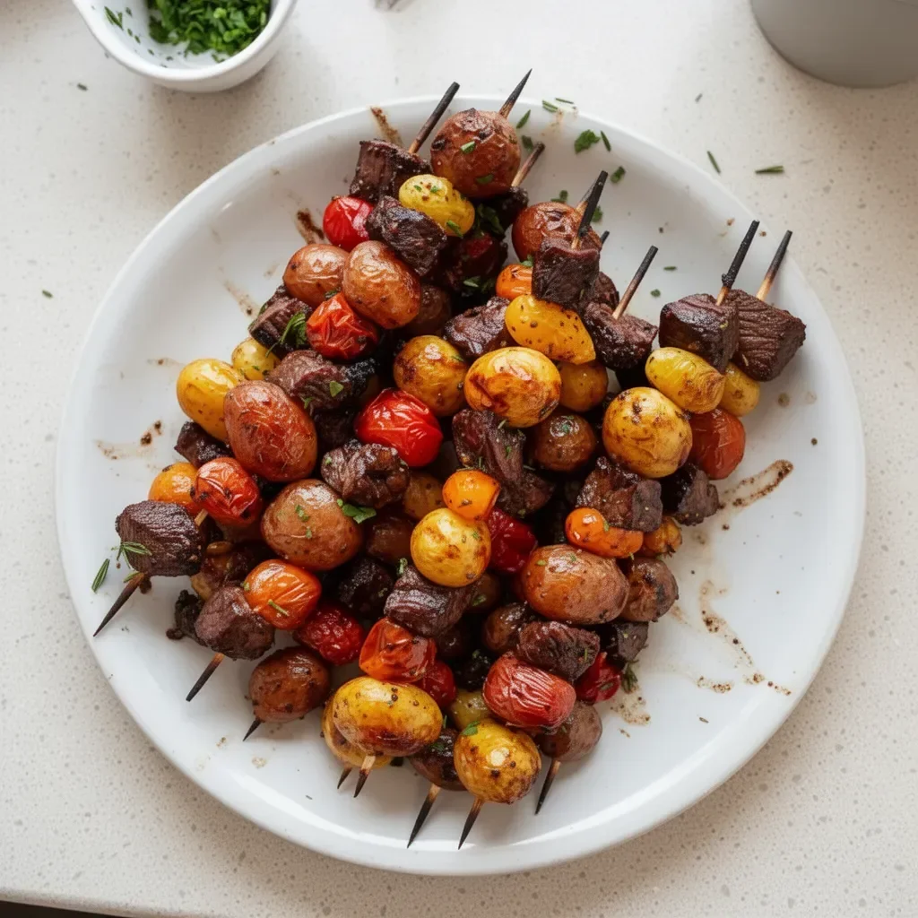 Delicious rosemary garlic steak kebabs on a grill, ready to serve.
