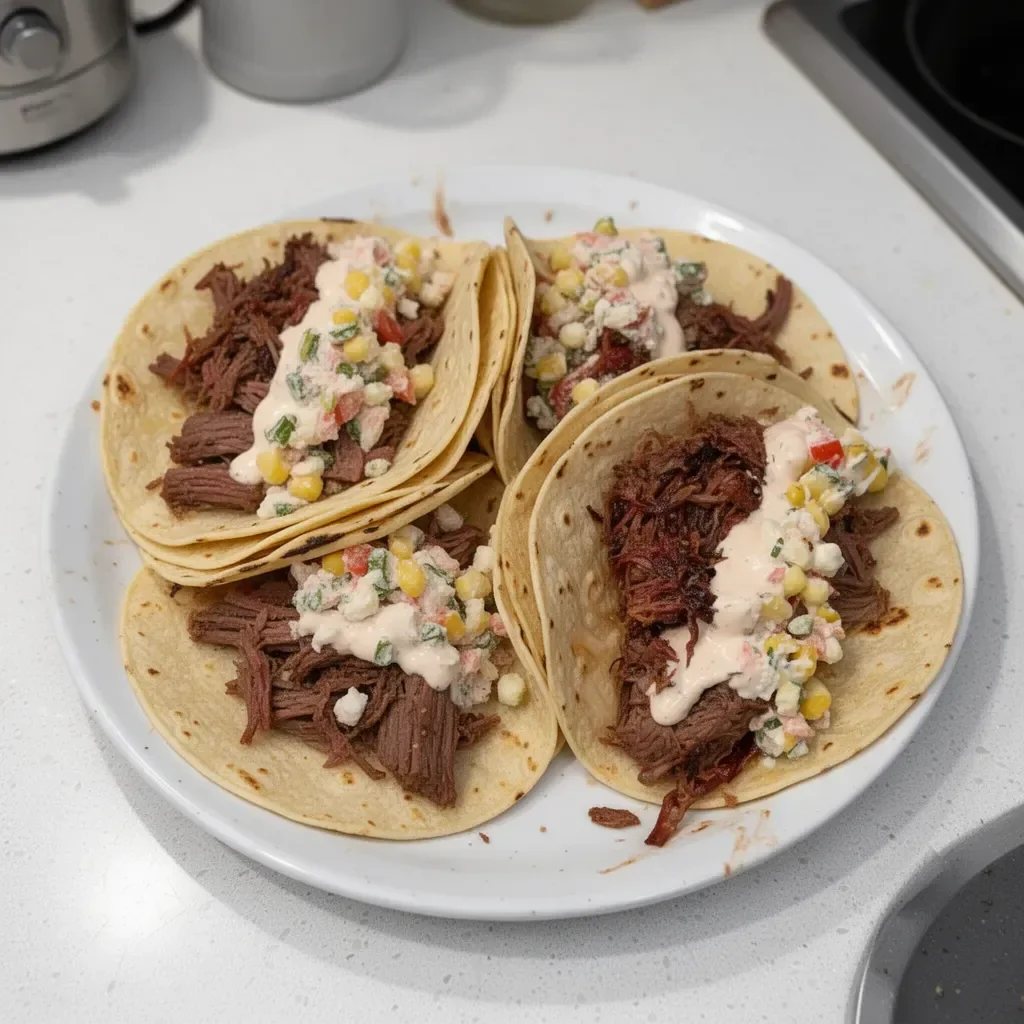 Delicious smoked BBQ beef tacos served with fresh toppings