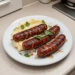 Grilled smoked sausage on a barbecue grill ready to serve.