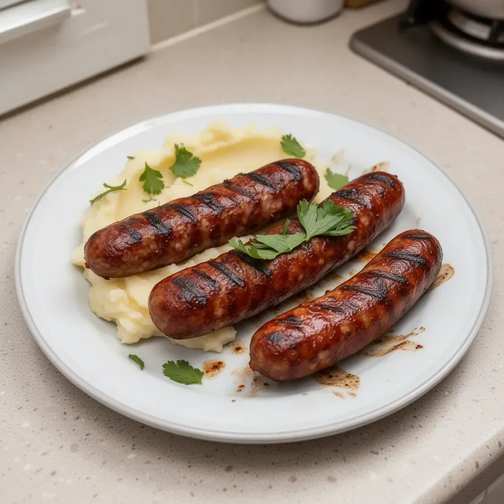 Grilled smoked sausage on a barbecue grill ready to serve.