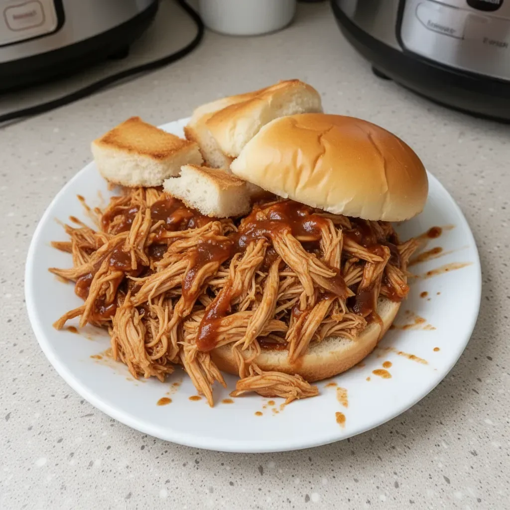 Delicious Crockpot BBQ Chicken served with a side of coleslaw and buns.