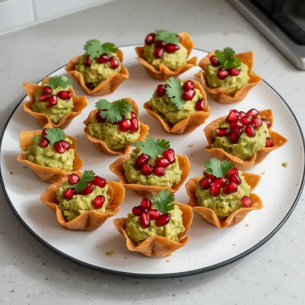 Wonton cups filled with guacamole and pomegranate seeds