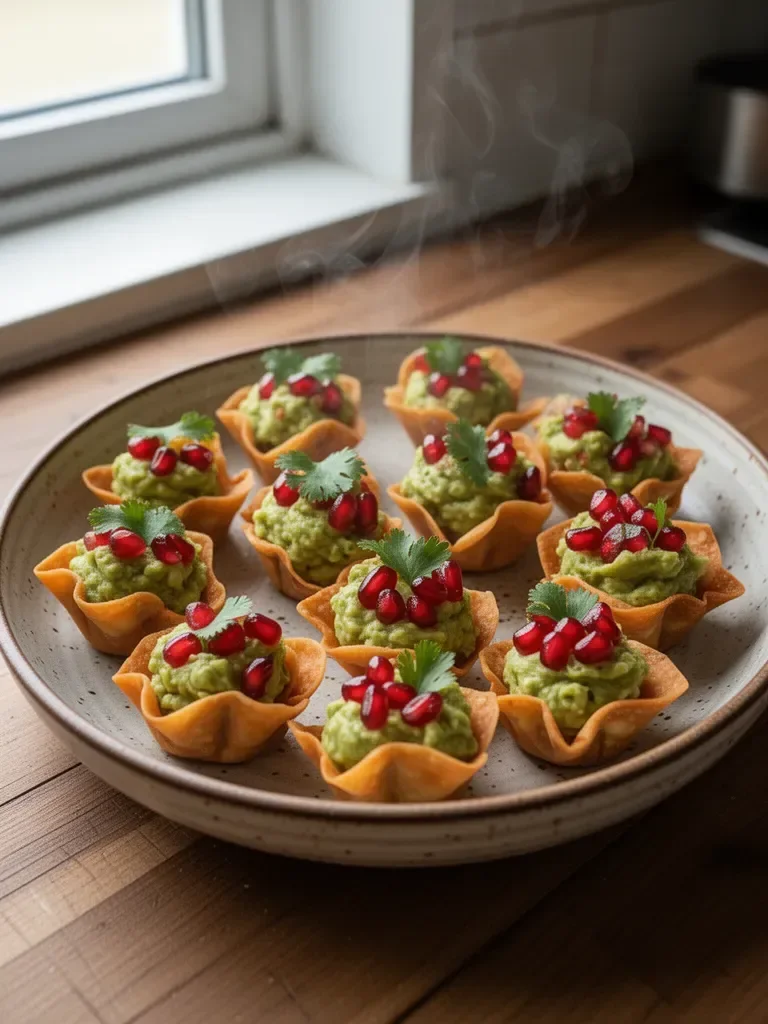 Wonton Cups with Guacamole and Pomegranate