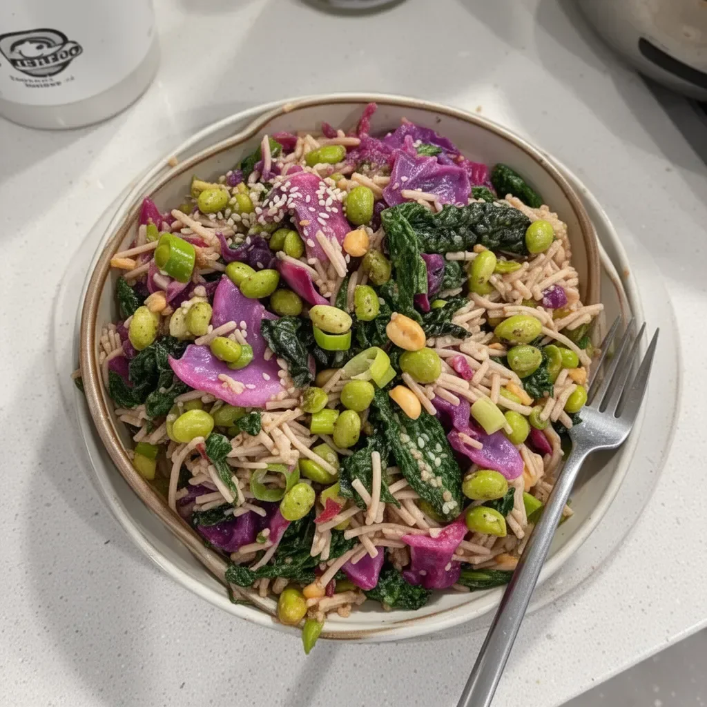 Delicious high-protein miso bowl garnished with fresh vegetables and herbs