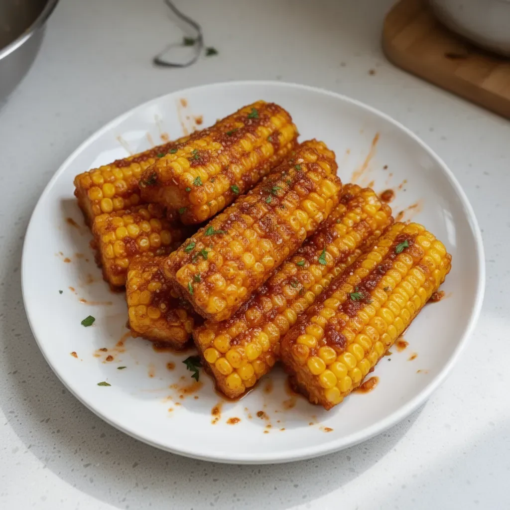 Air fryer corn ribs served on a plate with seasoning.