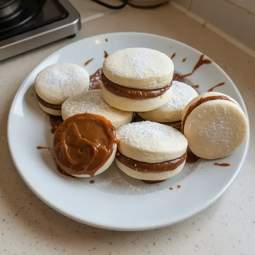A plate of delicious alfajores filled with dulce de leche.