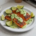 Baked Cajun Salmon served with creamy avocado lime sauce on a plate