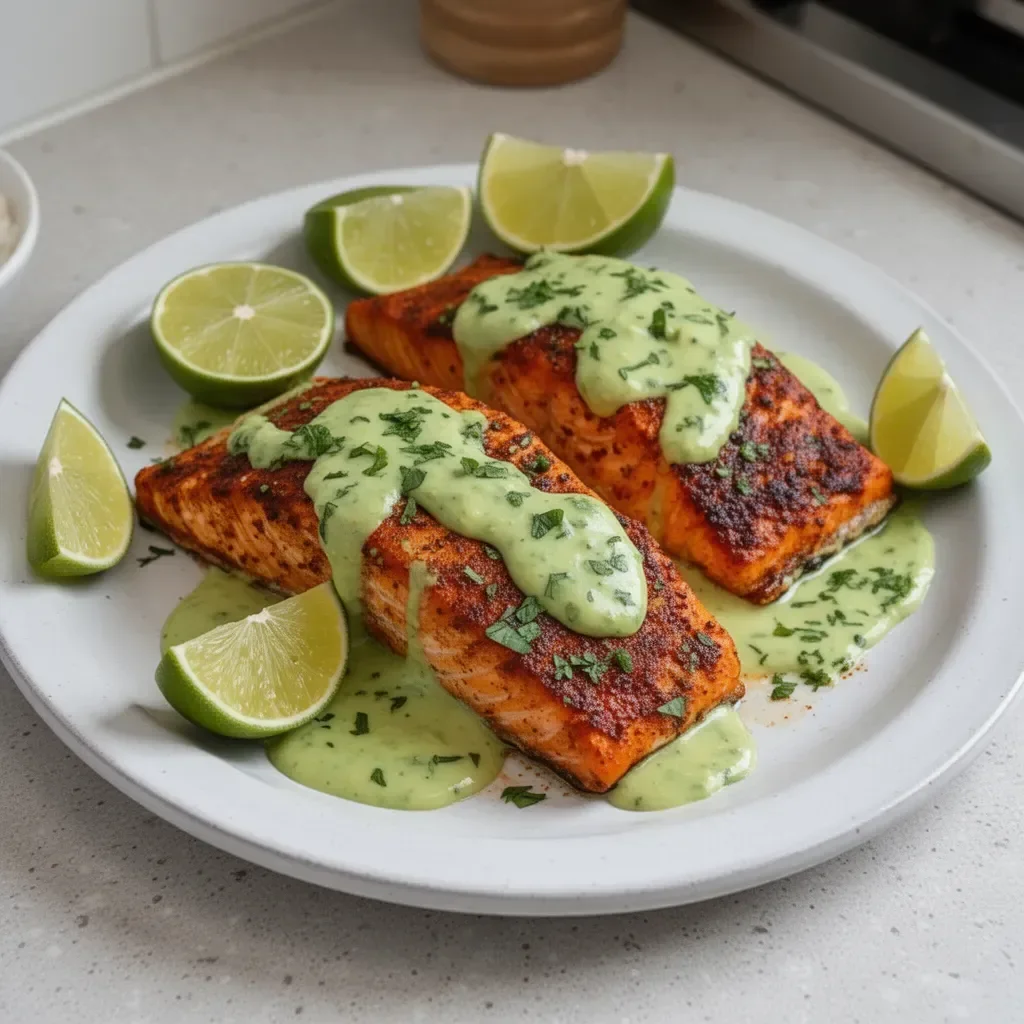 Baked Cajun Salmon served with creamy avocado lime sauce on a plate
