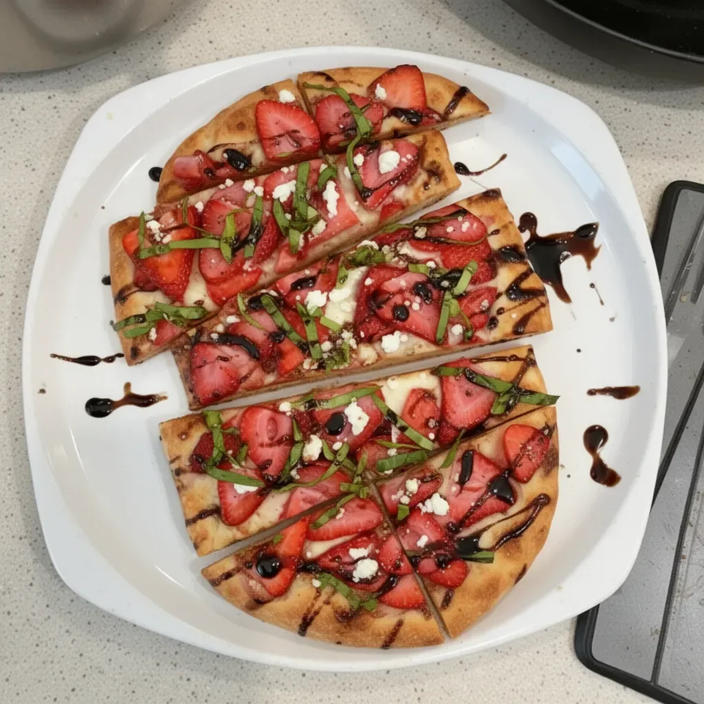 Balsamic Strawberry Flatbread topped with fresh strawberries and drizzled with balsamic glaze
