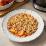 Delicious peach crumble dessert with golden topping and fresh peaches