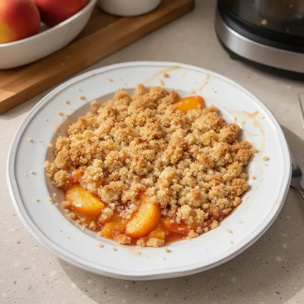 Delicious peach crumble dessert with golden topping and fresh peaches
