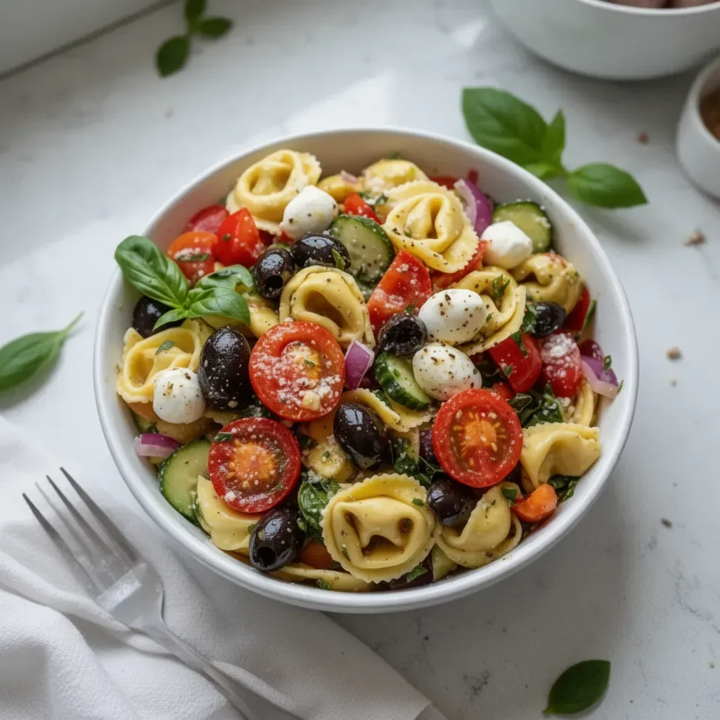 Delicious tortellini salad with colorful vegetables and dressing