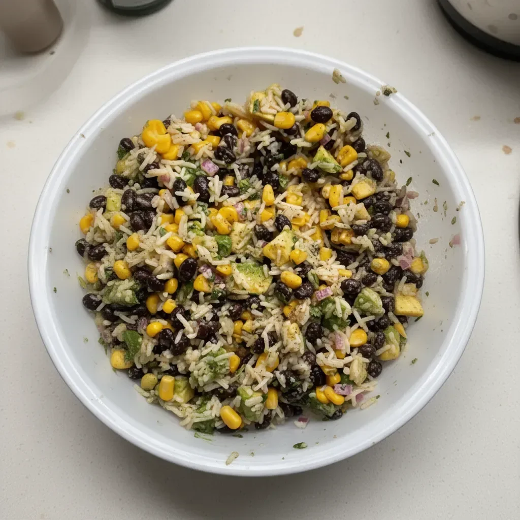 Colorful black bean salad with fresh vegetables and herbs in a bowl