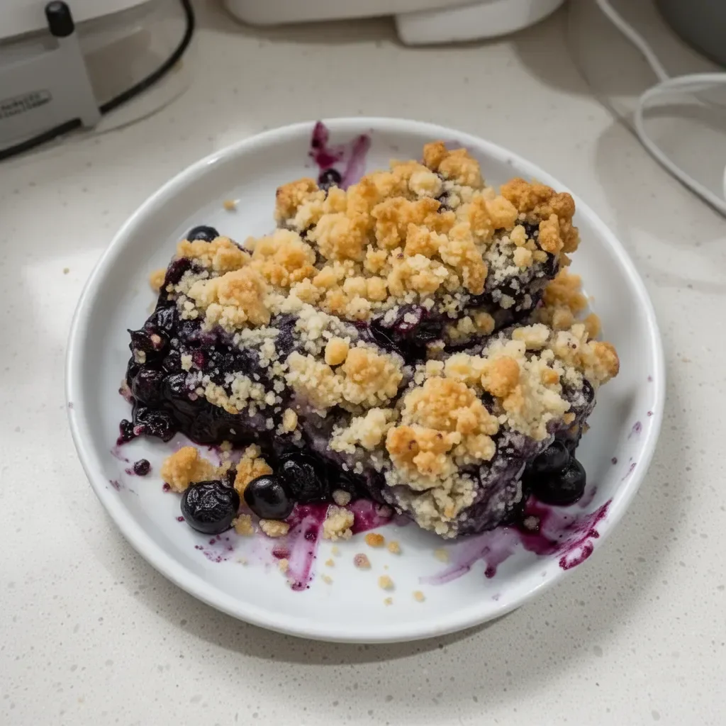 Delicious serving of blueberry crisp dessert with fresh blueberries and oats