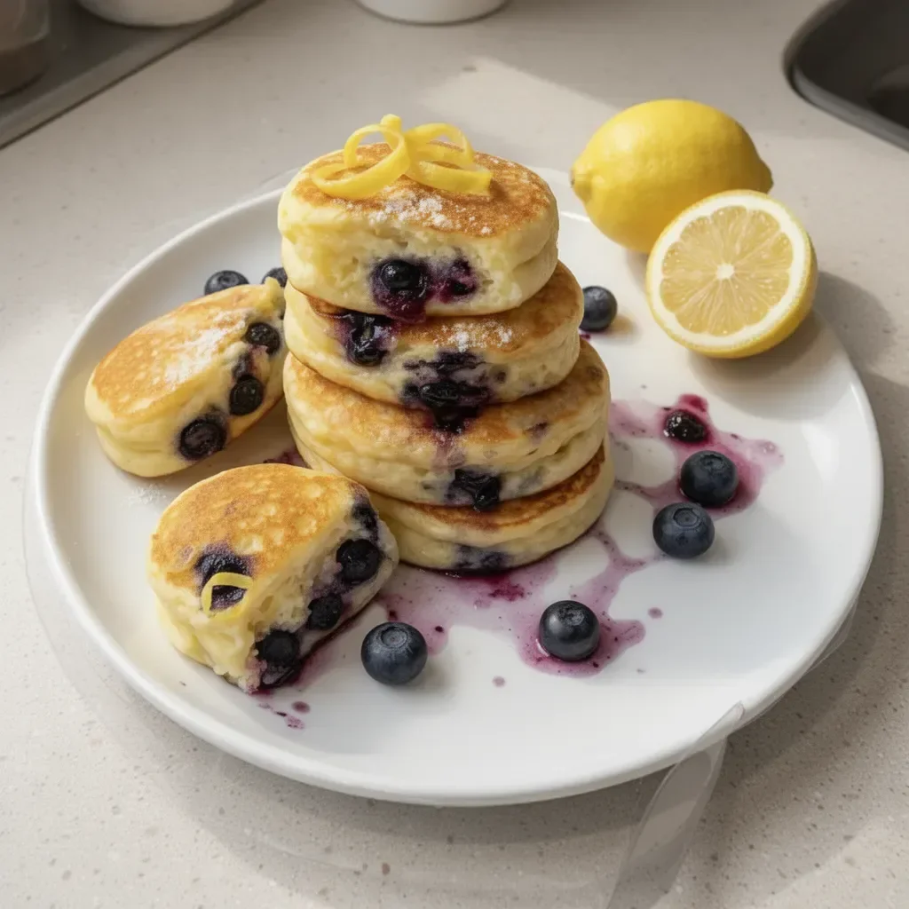 Blueberry lemon pancake bites on a plate with fresh blueberries and lemon zest