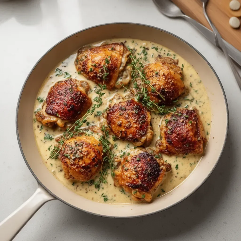 Bobby Flay's chicken thighs served with creamy garlic sauce