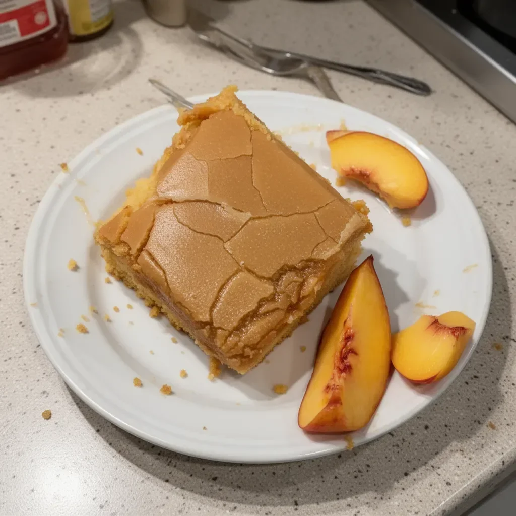 Delicious brown sugar peach cake topped with fresh peach slices and caramel glaze.