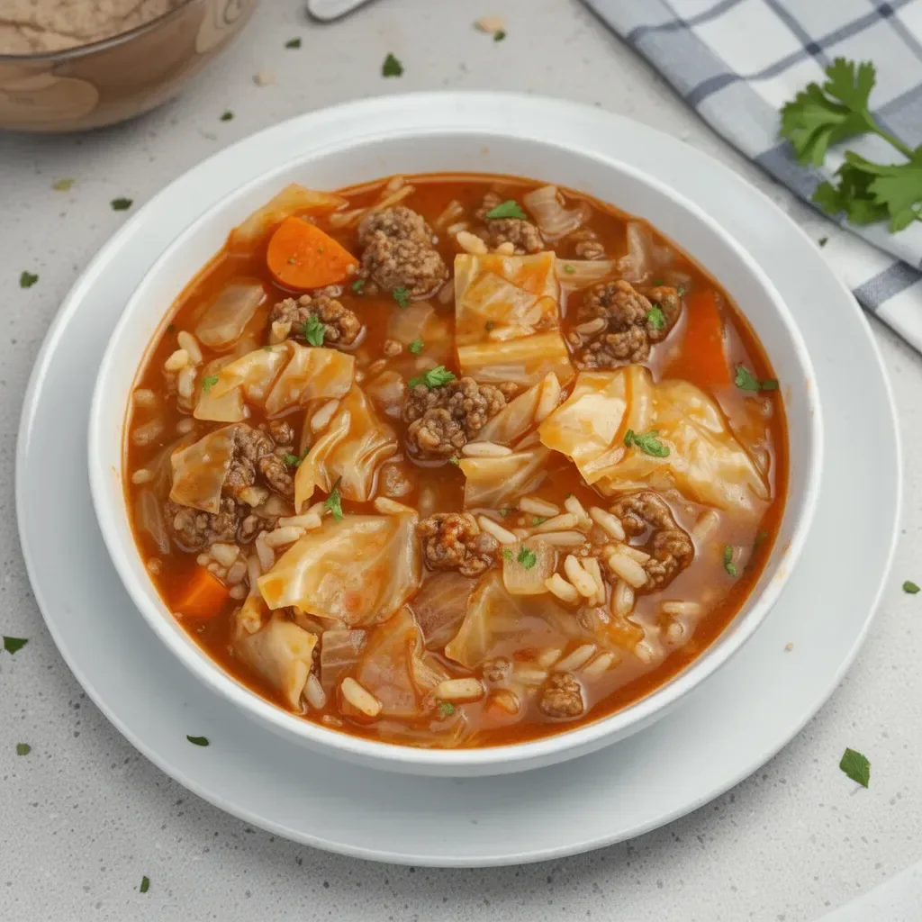Bowl of delicious cabbage roll soup topped with fresh herbs