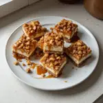 Delicious Caramel Apple Cheesecake Bars topped with caramel drizzle and apple slices.